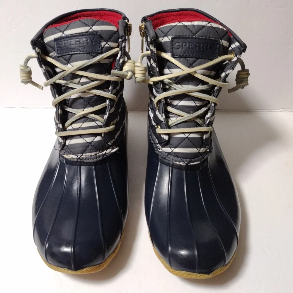Sperry Women's Saltwater Duck Rain Lace-Up Zip Waterproof Boots in Navy Size 8